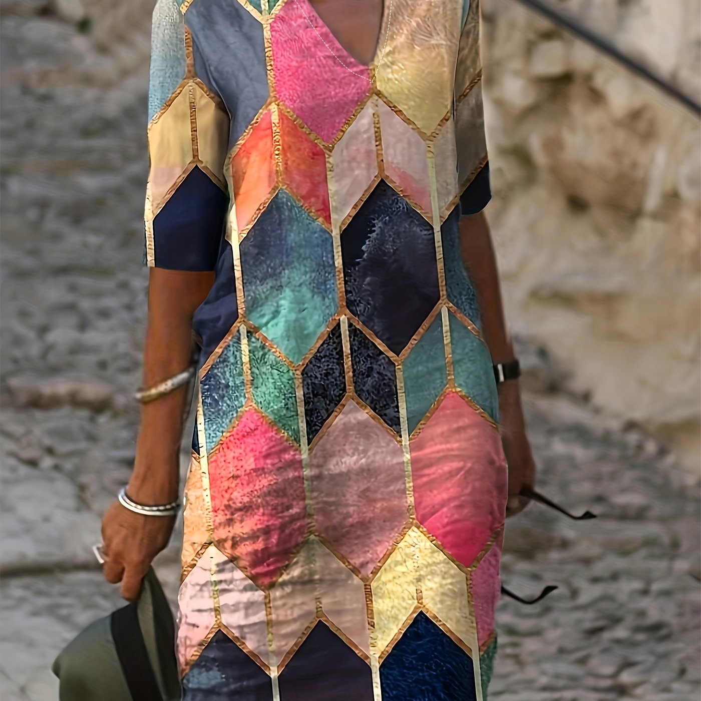 Multicolor Printed V-Neck Flowy Dress - Loose Fit & Crop Sleeves for Spring/Fall - Mature Style, Waist Emphasizing, Perfect Womens Wardrobe Staple