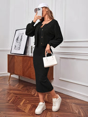 Solid Color Ribbed Knitted Dress Set, Elegant Button Front Long Sleeve Cardigan & Sleeveless Slim Dress Outfits, Women's Clothing
