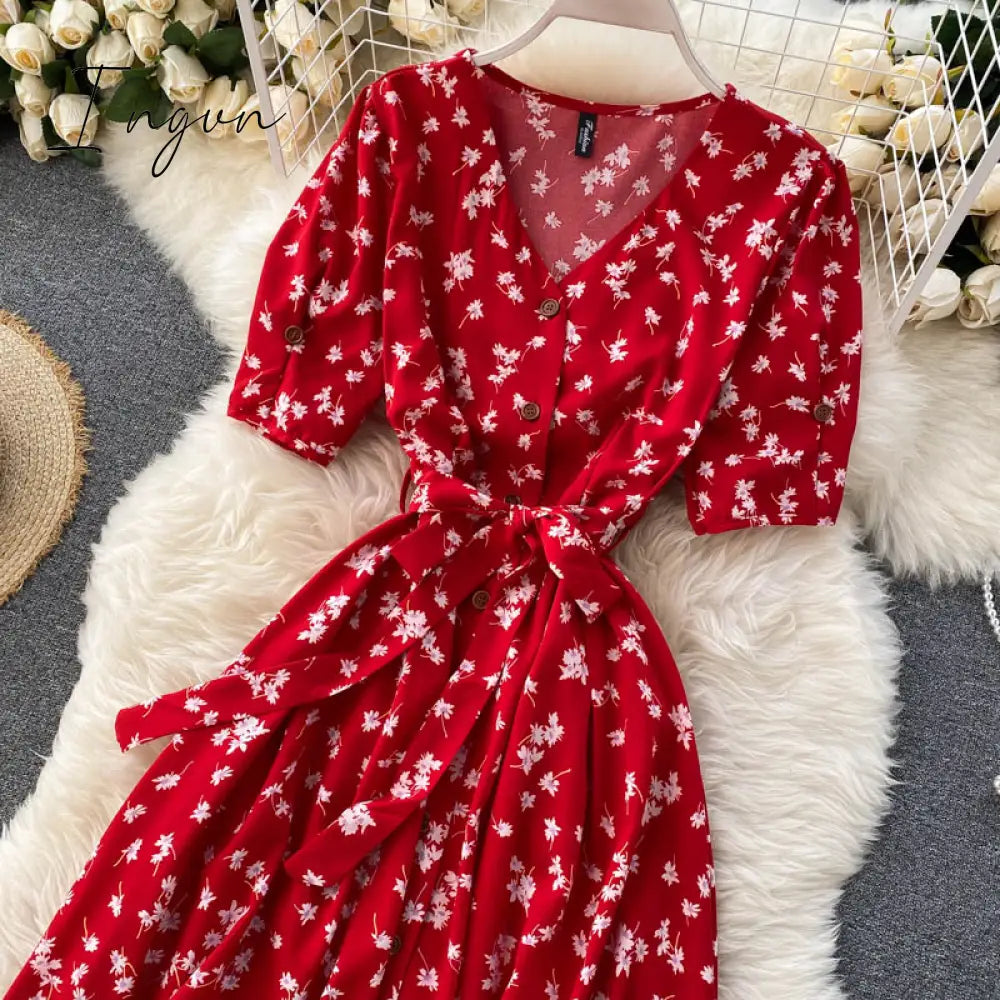 Ingvn - beach Red elegant sexy Dress women Summer Autumn V-neck polka dot midi dress waist split dress vestidos de fiesta clothes