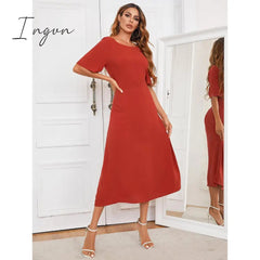 Ingvn - Hot Women's European and American Round Neck Solid Color Long Dress