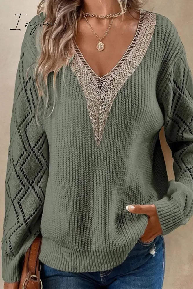Ingvn - Casual Simplicity Solid Lace V Neck Tops
