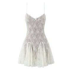 New Fashion Women Spaghetti Straps Lace Sexy Dresses Black Beige Backless Hollow Out A-line Mini Dress Night Out Robe
