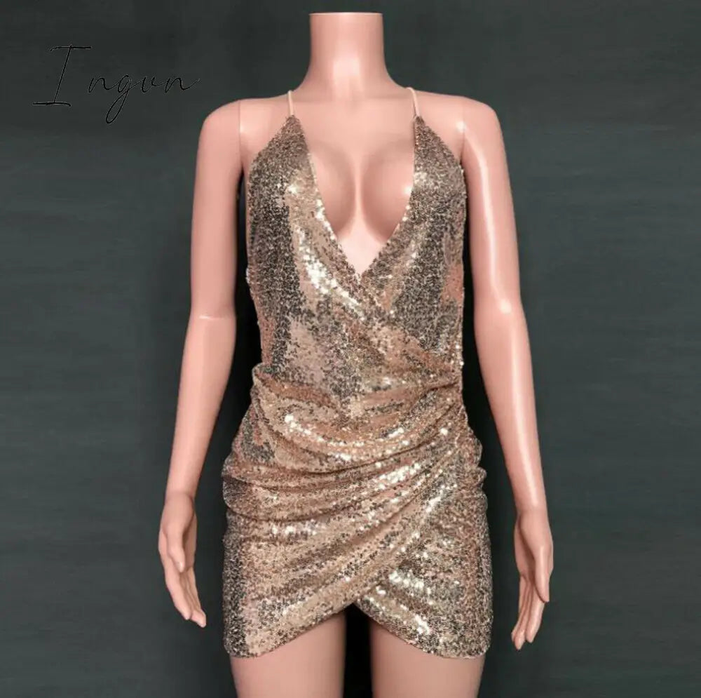 Ingvn - Sexy Women Sequins Glitter Sparkle Deep V Neck Halter Backless Bodycon Short Mini Dress Evening Party Wrap Hip Package Dress