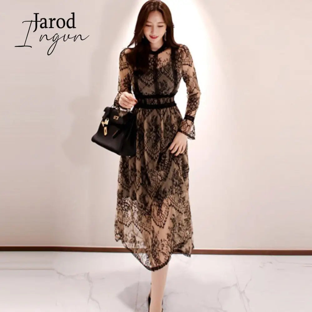 Ingvn - 2023 Fashion Outfits Spring Elegant Sexy Women Vintage Lace Long Sleeve O-Neck Robe Femme OL High Waist Casual Slim Party Dresses