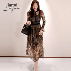 Ingvn - 2023 Fashion Outfits Spring Elegant Sexy Women Vintage Lace Long Sleeve O-Neck Robe Femme OL High Waist Casual Slim Party Dresses
