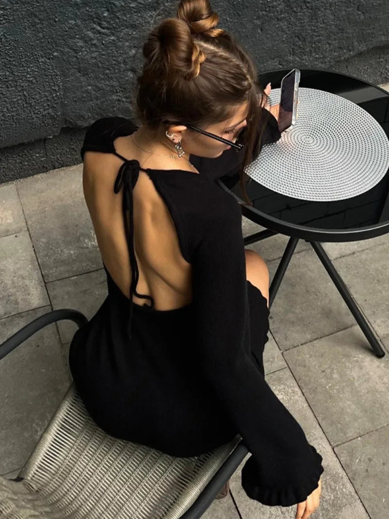 Ingvn  Fashion Casual Lace-up Backless Long Sleeve Sweater Dress Women's Autumn Hollow Out Knitting Short Holiday Party White Dresses