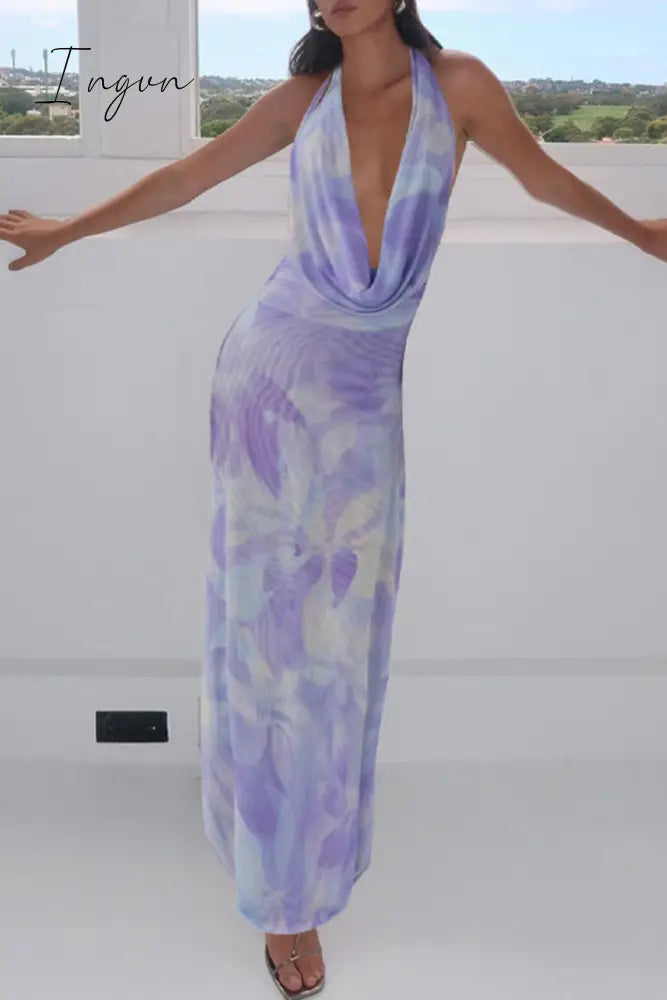 Ingvn - Sexy Gradual Change Print Backless Scarf Collar Sleeveless Two Pieces