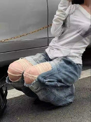 Ingvn  Women's Vibe Dirty Distressed Blue Jeans Summer Cool Girl Wide-leg Denim Trousers Vintage Bottoms Female High Waisted Pants