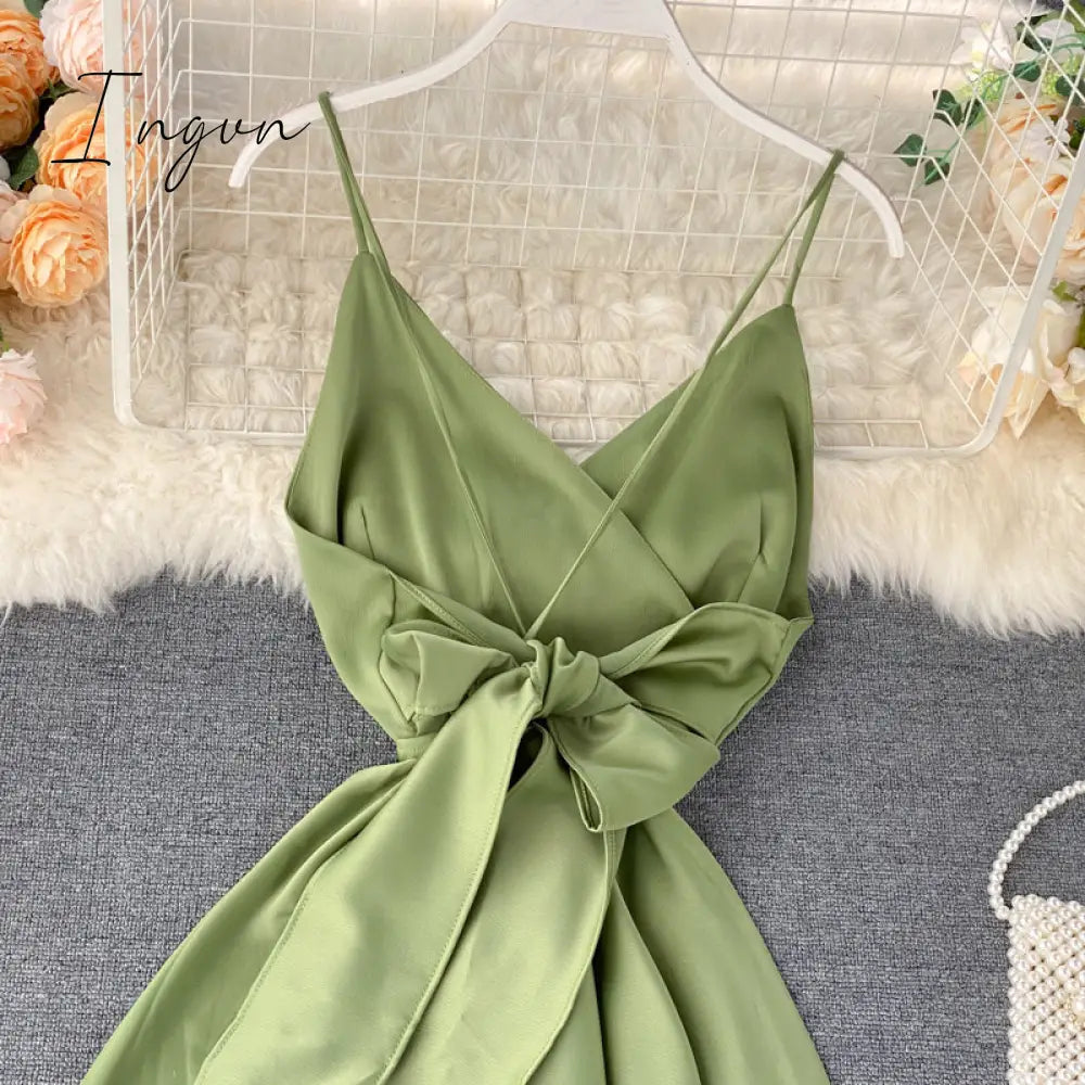 Ingvn - Boho Slim V Neck Summer bandage backless Maxi Long Dress Women Casual spaghetti strap Party Beach Holiday elegant tunic dress