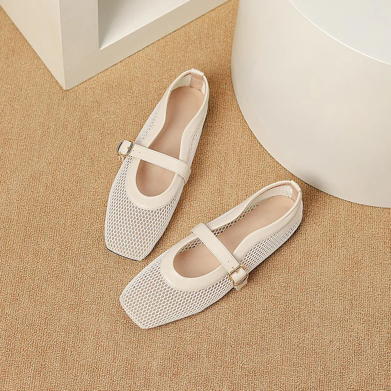 Fashion Square Toe Mesh Ballet Flats Buckle Strap Mary Janes Breathable Hollow Out Single Shoes Female Flat Bottom Casual Shoes