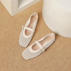 Fashion Square Toe Mesh Ballet Flats Buckle Strap Mary Janes Breathable Hollow Out Single Shoes Female Flat Bottom Casual Shoes