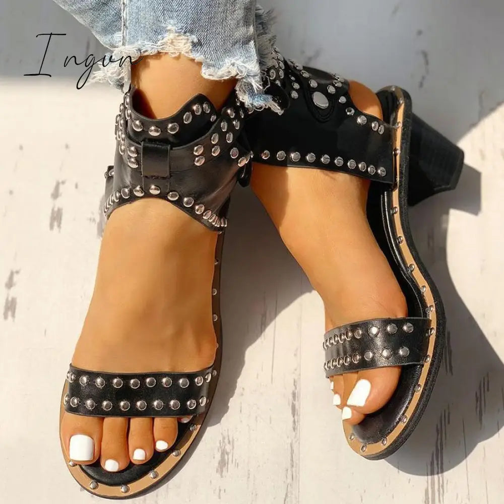 Ingvn - Open Toe Rivet Chunky Heeled Sandals For Women