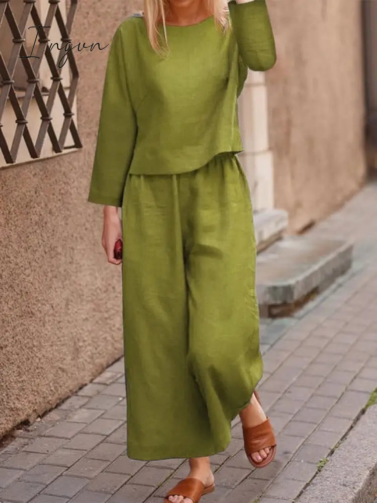 Ingvn - Plus Size 5XL Cotton Women's Pantsuit Suit Loose O-neck Top Wide-leg Trouser Suits Female Spring Fashion Casual Set Ladies