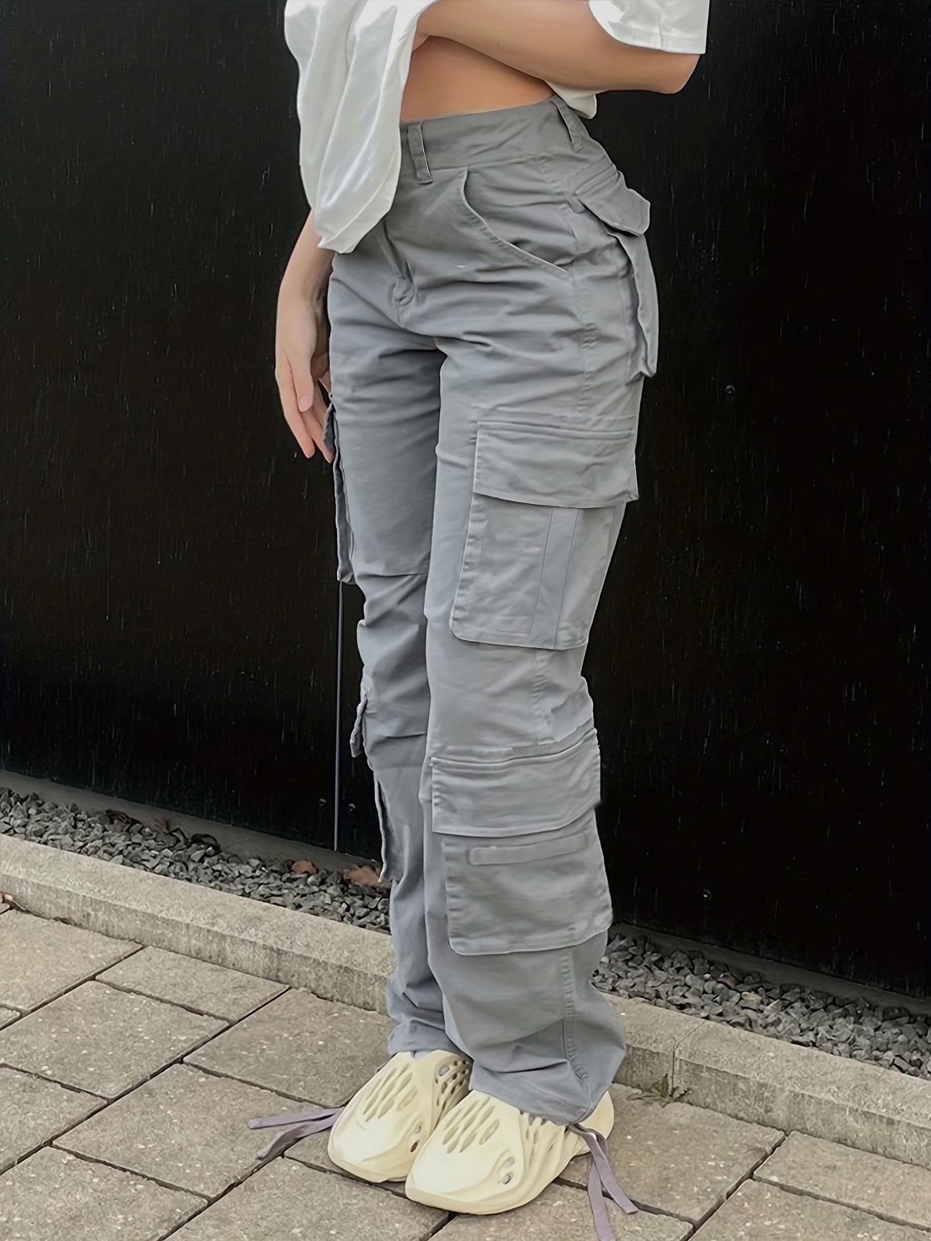 Girl's Wide Legs Baggy Cargo Pants with 2 Flap Pockets, Y2K Style Jeans, Vintage Kpop Inspired Women's Denim Clothing