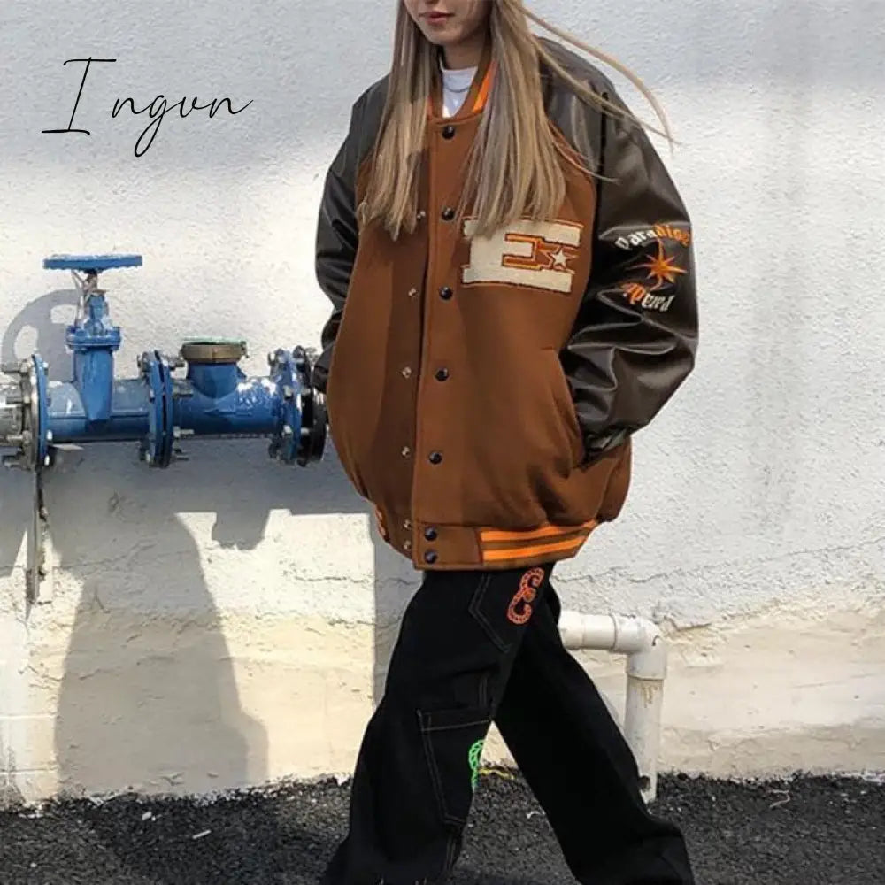 Ingvn - Hot Sell Quality Print Loose Baseball Jackets Women Casual Blue Long Sleeve Sports Coat Spring Autumn Female Streetwear Zipper Bomber Jacket