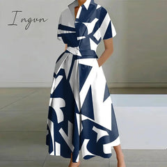 Ingvn - Vintage Abstract Print Boho Long Dress 2023 Spring Waist Buttoned Lapel Shirt Dress Women Short Sleeve A-Line Summer Beach Dress