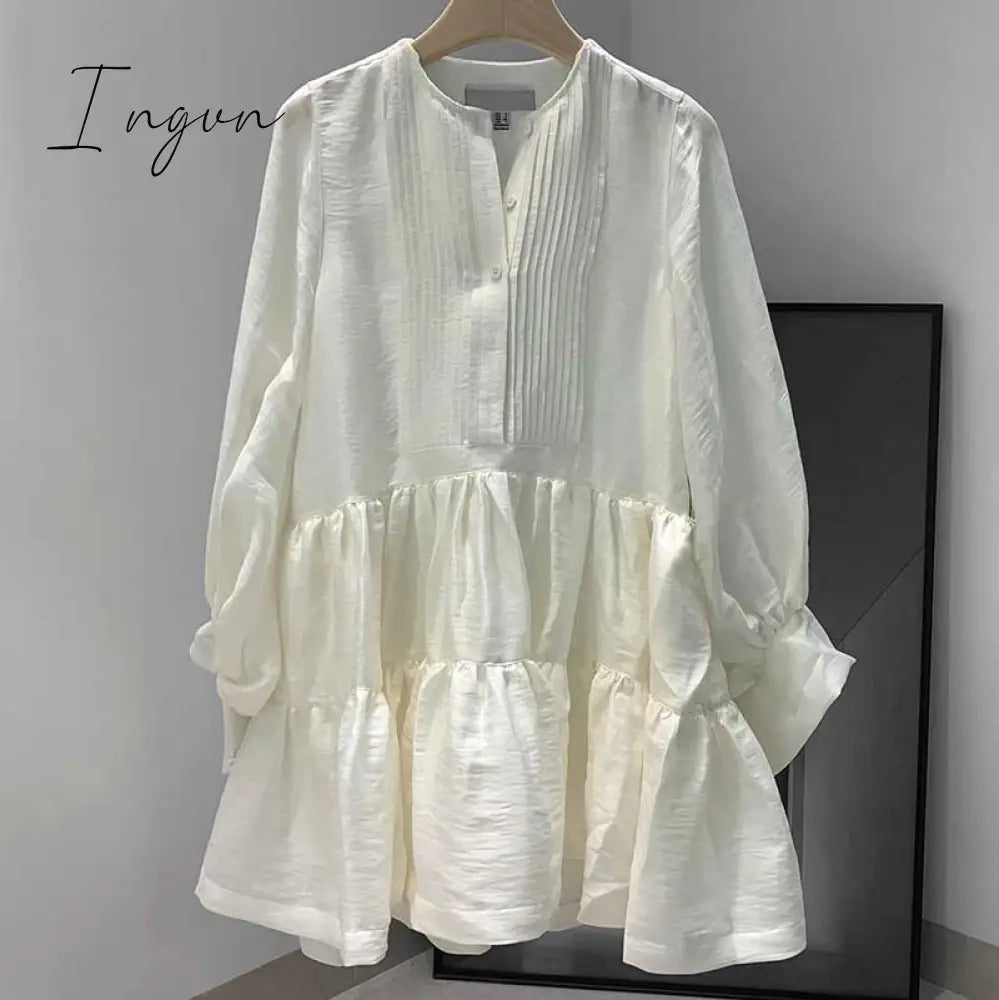 Ingvn - pleating women dress long sleeve spring autumn dress fashion ladies dress pockets mini sexy dress women