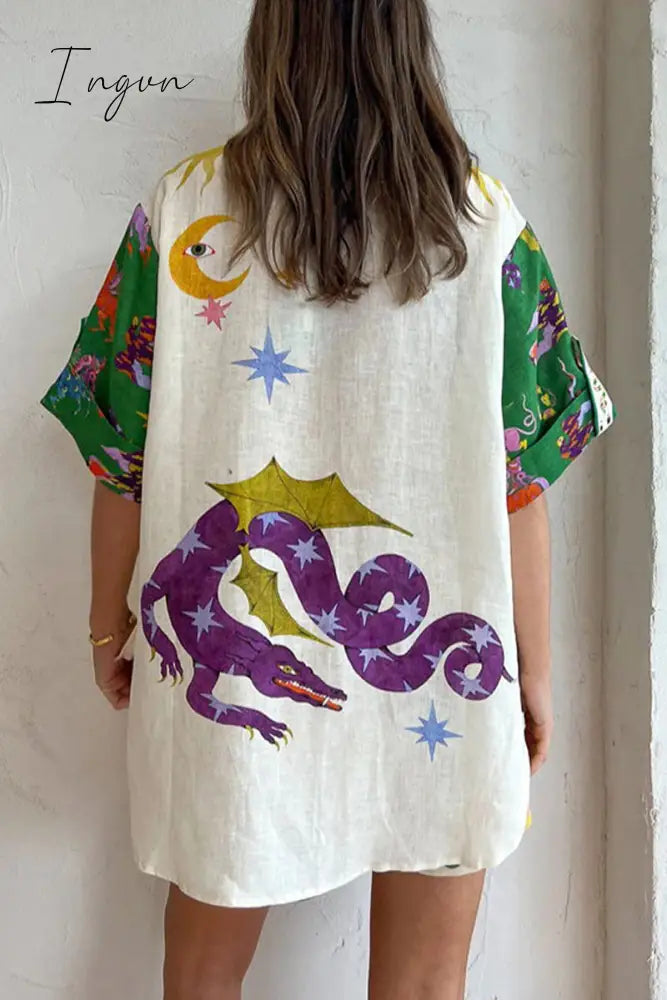 Ingvn - Casual Print Patchwork Turndown Collar Short Sleeve Two Pieces