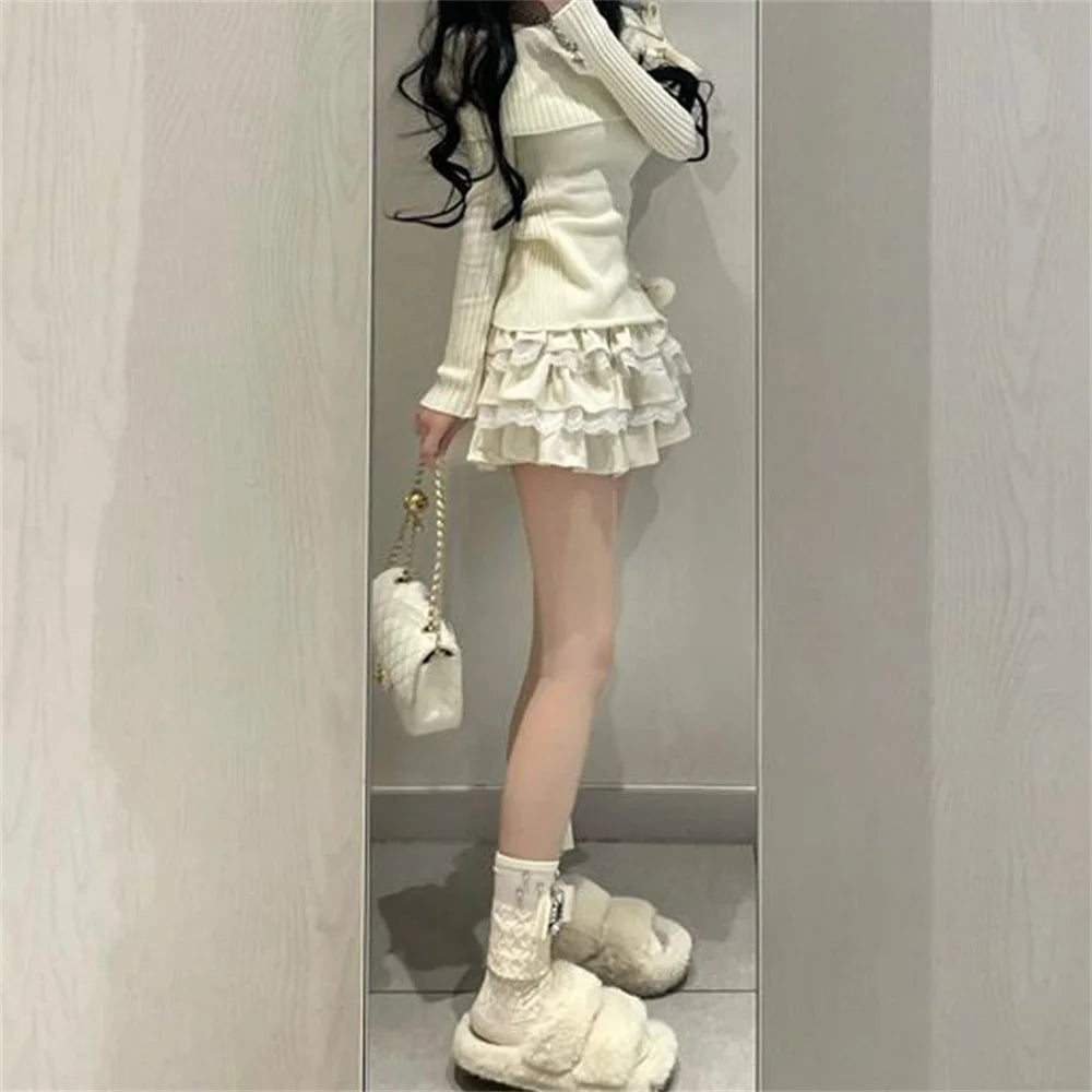Voguable Autumn Winter Woman Kawaii Sweet 2 Piece Set Off Shoulder Bow Knitted Tops + Mini Cake Skirt Female Korean Fashion Casual Suits