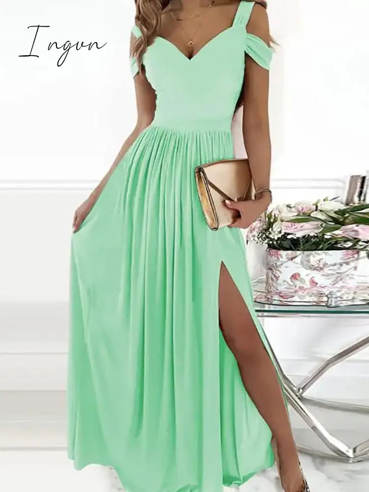 Ingvn - Female Short Butterfly Sleeve Split Fork Party Dress Solid Slim V Neck High Waist Dress Women Casual Summer Maxi Dress Vestidos