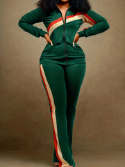 Two-piece Set, Long Sleeve & Long Length, Zip Up, Striped Print Retro Outfits, Women's Clothing