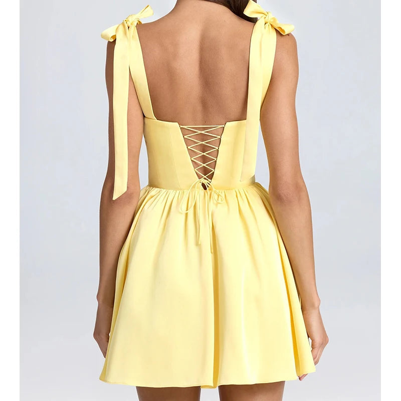 4 Color Sexy Spaghetti Straps Mini Dress Women Low Waist A-line Holiday Summer Party Dresses French Style Lace Up Robe
