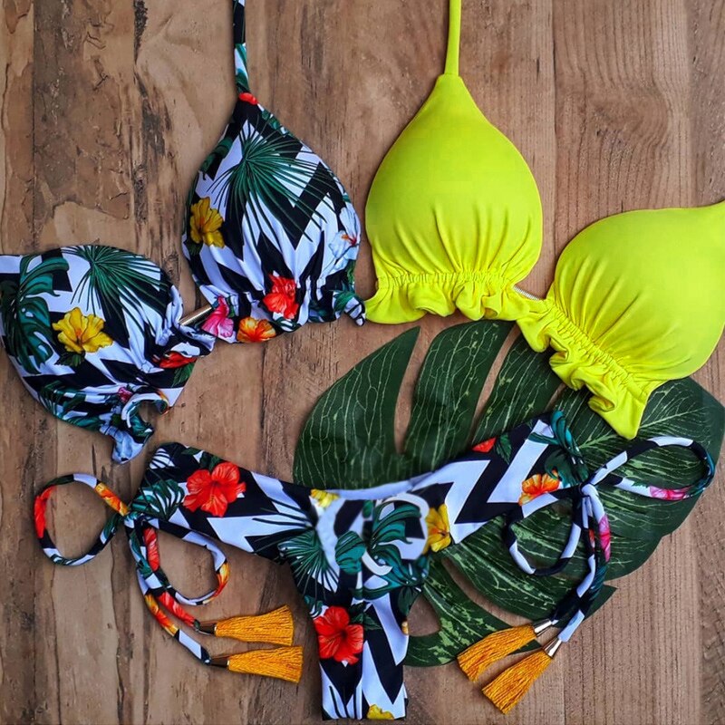 Floral Print Swimsuit Women Bathing Suit Bikinis Biquini High Cut Swimwear Sexy Push Up Bikini Set Feminino Beach Outing