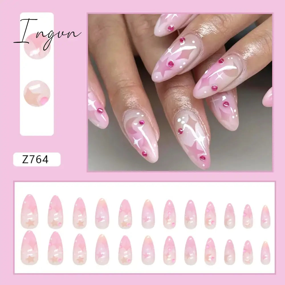 24pcs/Box Gradient Nail Art Patches False Nails Short Square Nail Blue Starry Glitter Teardrop Diamond Fake Nail Tips