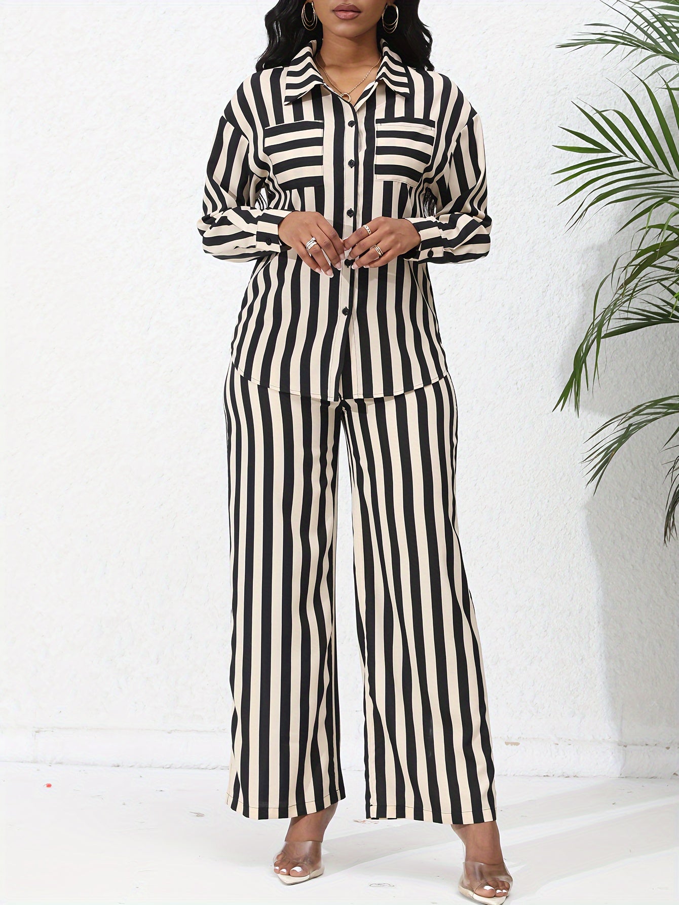 Chic Striped Print Two-Piece Outfit Set - Comfortable Button-Down Shirt & Flowy Wide Leg Pants - Casual Everyday Wear for Women