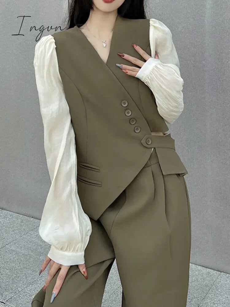Ingvn - Women's Autumn British Style Trousers Suit V-neck Irregular Short Small Blazer and Wide Leg Trousers Two Office Ladies Piece Set