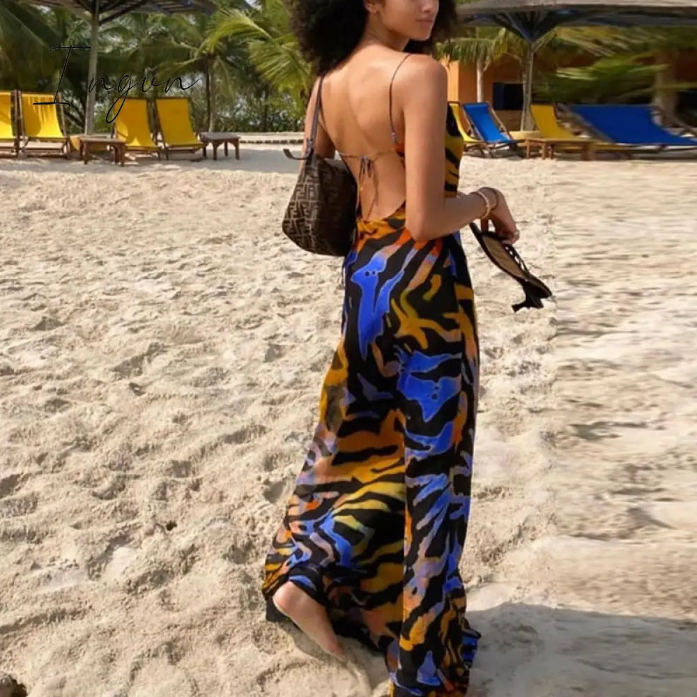 Ingvn - Print Maxi Dress Women Sexy Low Cut Cowl Neck Back Lace Up Sexy Dresses Seaside Party Club Wear Long Dress New
