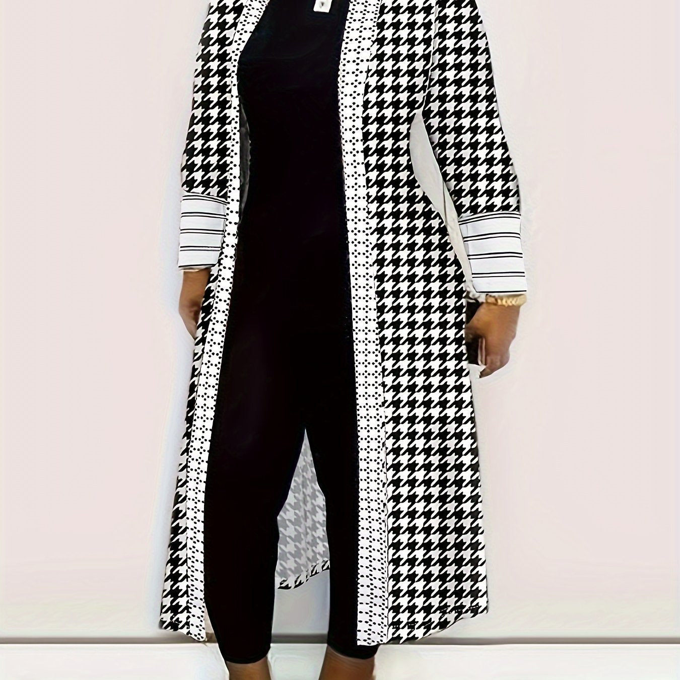 Long Sleeve Colorblock Geometric Print Casual Open Front Cardigan, Women's Clothing
