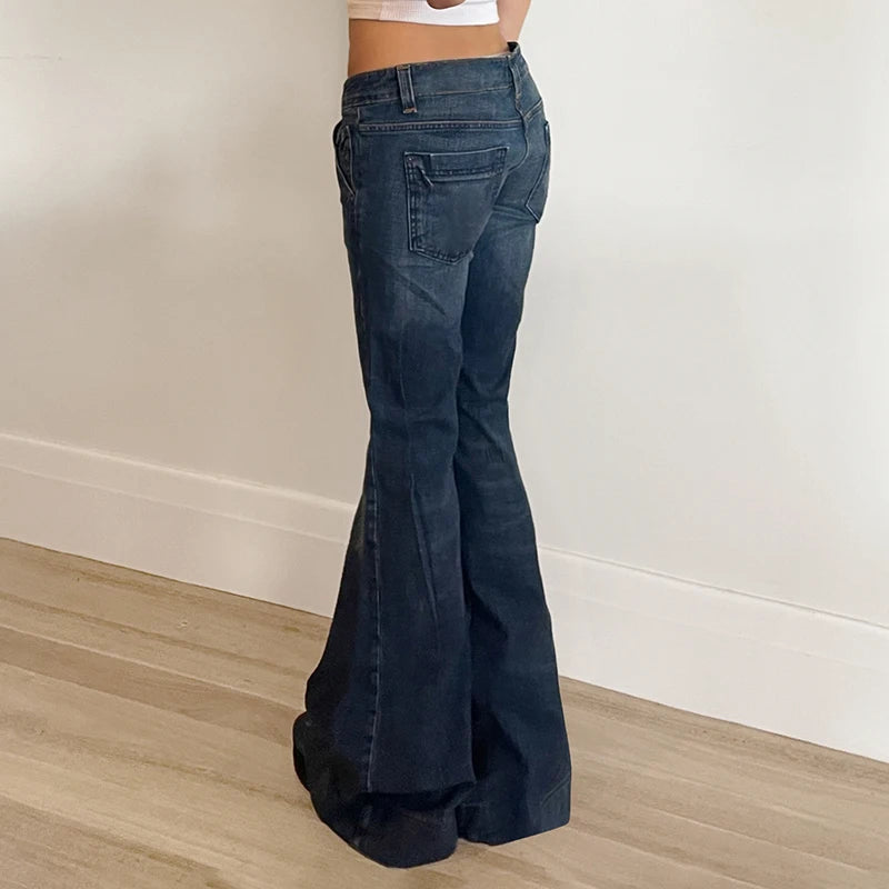 Blue Low Rise Flare Jeans Vintage 2000s Slim-fitting Denim Pants Korean Style Women Trousers y2k Distressed Mom Jeans 90s