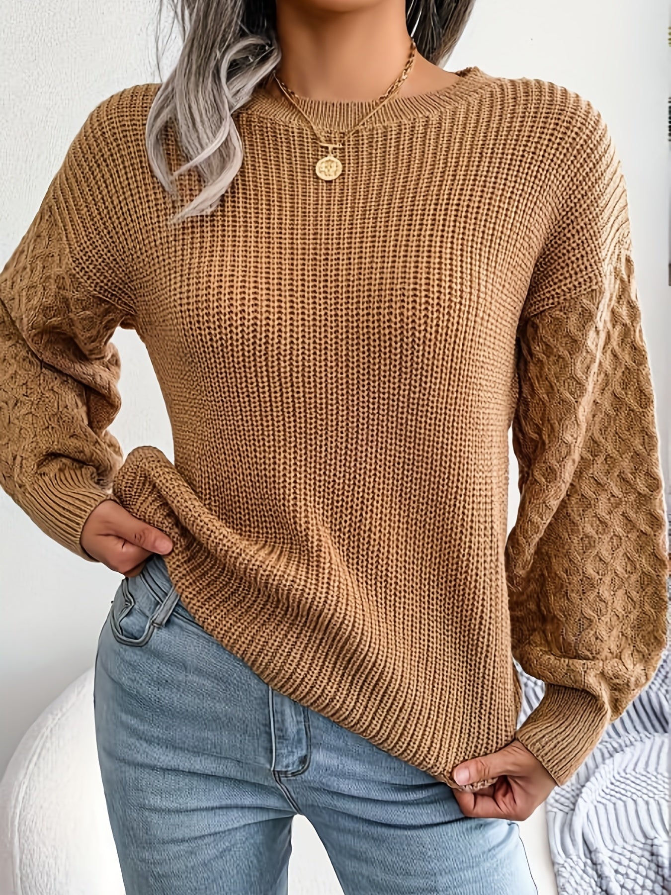 Solid Crew Neck Pullover Sweater, Casual Lantern Sleeve Loose Sweater For Fall & Winter, Women's Clothing
