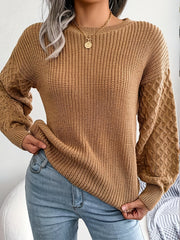 Solid Crew Neck Pullover Sweater, Casual Lantern Sleeve Loose Sweater For Fall & Winter, Women's Clothing