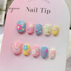 Cute Rabbit Handmade Press on Nails Fake Nails Short Round Head Manicure Nail Art Kawaii False Nails Full Cover Finger Tips Girl
