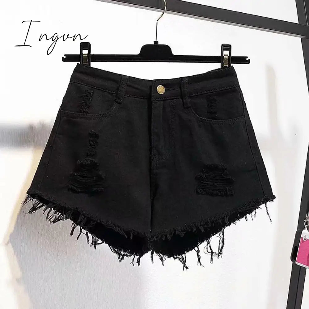 Ingvn - Casual High Waist Denim Shorts Women Summer  Pocket Tassel Hole Ripped jeans Short Female Femme Short Pants Women
