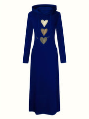 Chic Heart Print Drawstring Hooded Maxi Dress - Women's Casual Long Sleeve Fall & Winter Clothing - Soft, Cozy, and Versatile Fashion for Everyday Wear