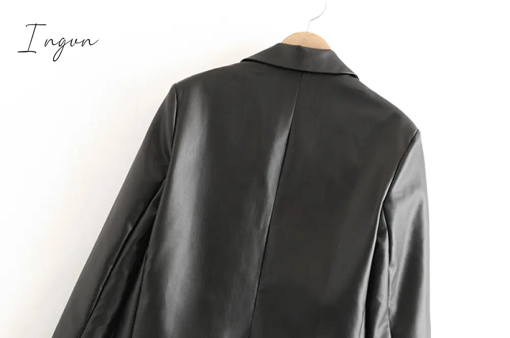 Ingvn - Women Fashion Faux Leather Pockets Loose Blazer Coat Vintage Long Sleeve Back Vents Female Outerwear Chic Tops