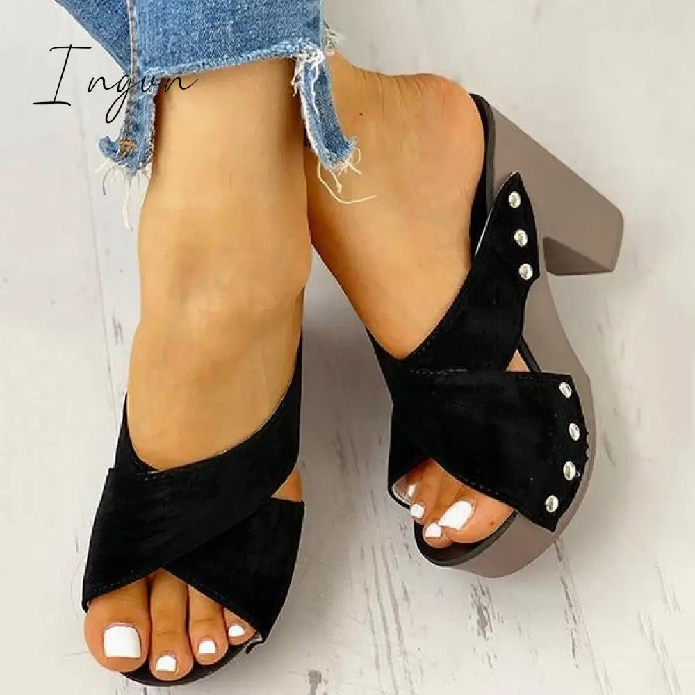 Ingvn - Crisscross Design Chunky Heeled Slippers