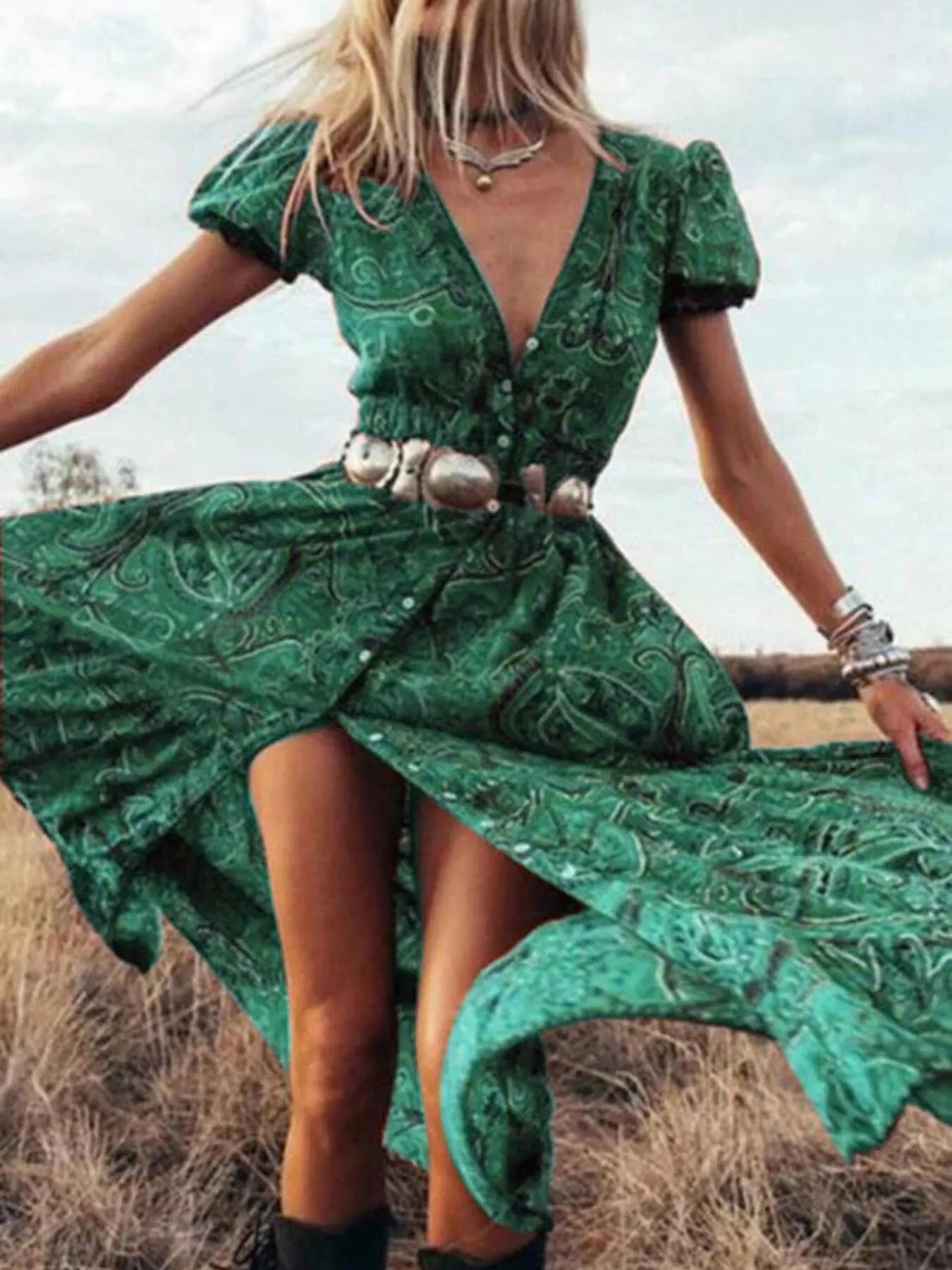 Full Size Printed Puff Sleeve Maxi Dress Plus Size