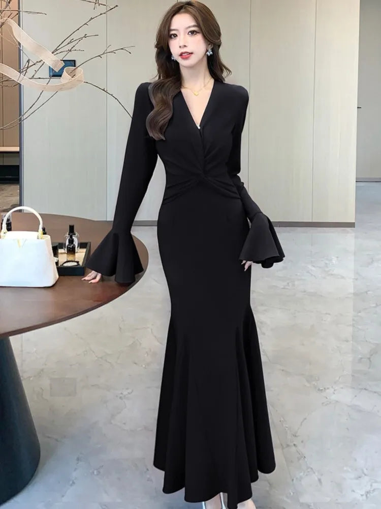 Korean Sexy Mermaid Dress for Women V-Neck Flare Long Sleeves Ruffles Party Dresses Autumn Female Slim Waist Vestidos Long Robe