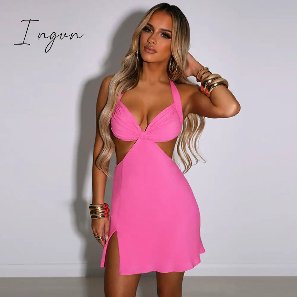Ingvn - Halter Hollow Out Dress Women Bandage Slim Strapless Bodycon Dress Sexy Mini Backless Summer Party Dresses