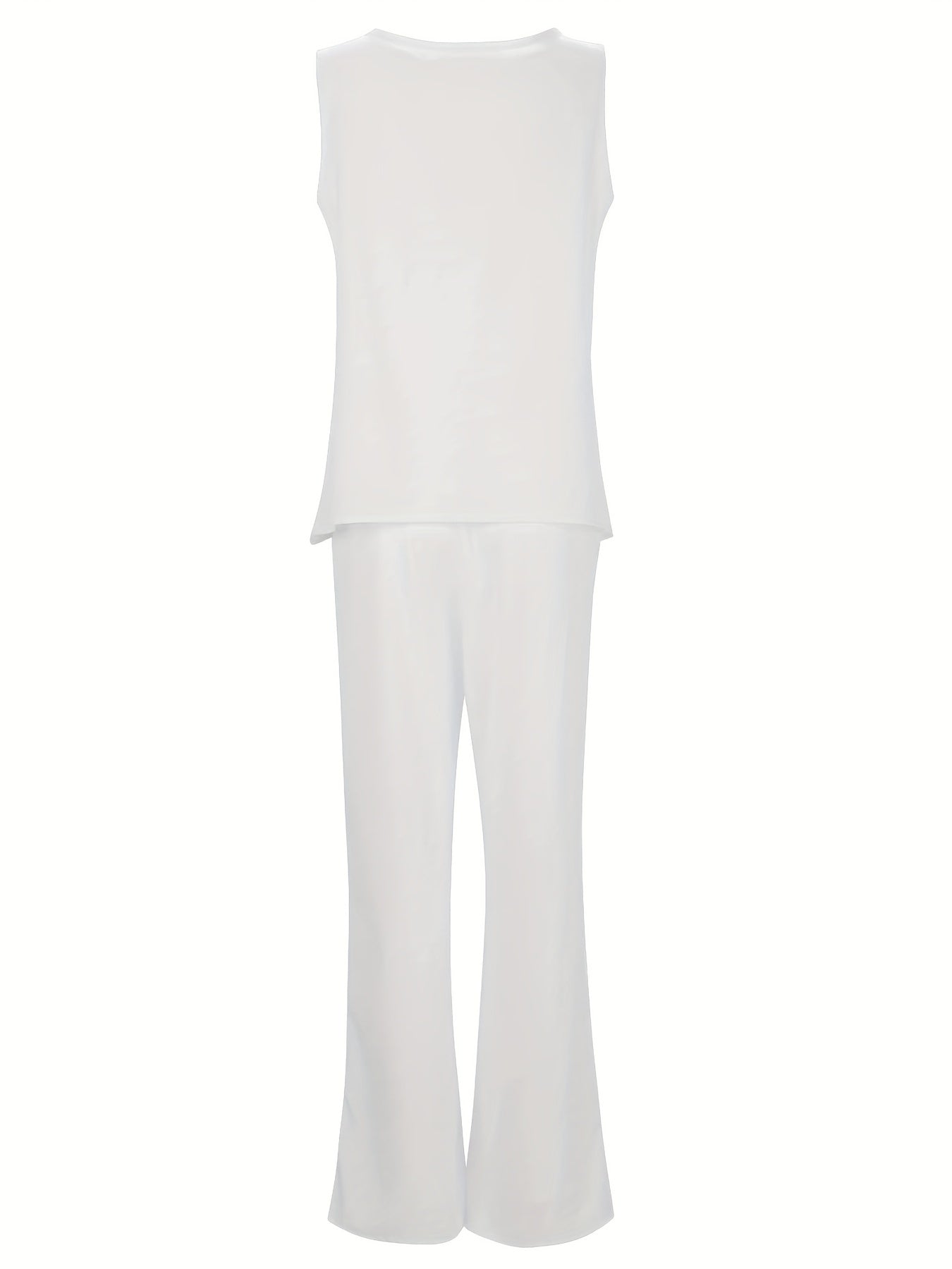 Plus Size Casual Outfits Two Piece Set, Women's Plus Solid Round Neck Tank Top & Wide Leg Pants Outfits 2 Piece Set