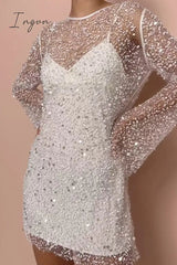 Ingvn - Sexy Solid Mesh O Neck Long Sleeve Two Pieces