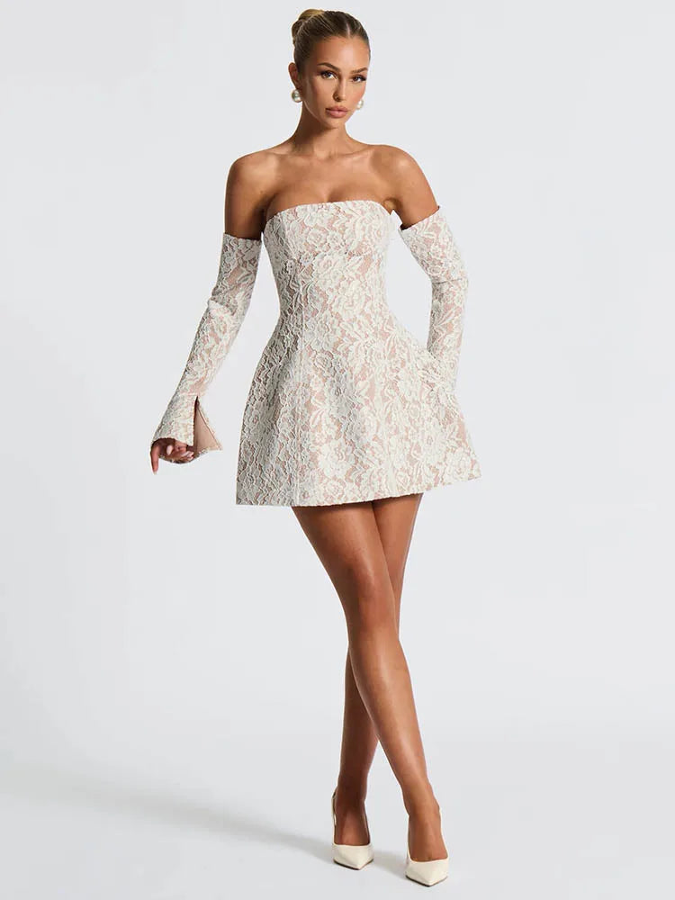 Lace Off-shoulder Backless Sexy Mini Dress Women Elegant Strapless Long Sleeve High Waist A-line Club Party Dress New