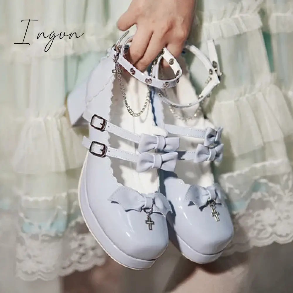 Ingvn - Lolita Sweet Girl Shoes Elegant Square Head High Heel Japanese Leather Shoes Cross Little Devil Bat Cosplay Cos Lolita Loli