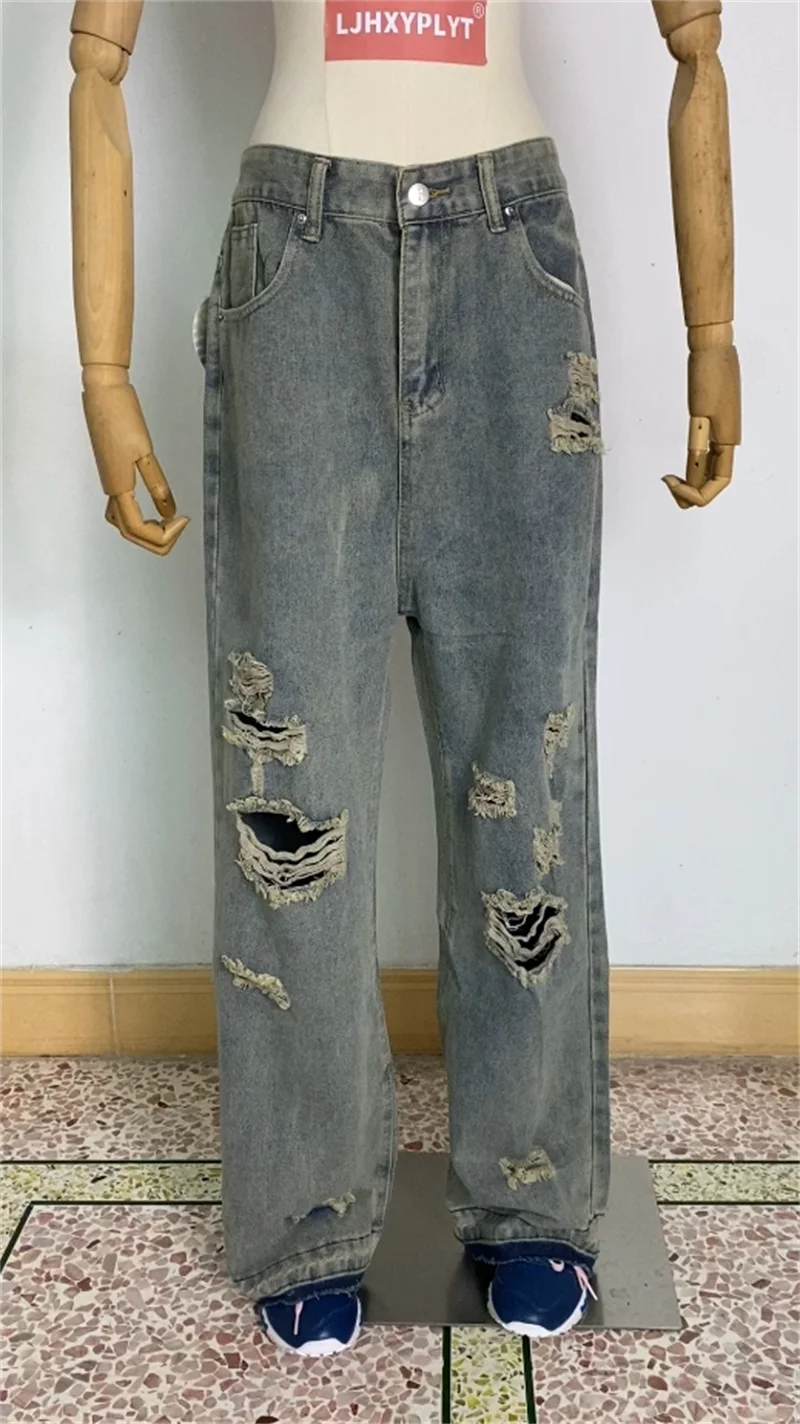 Ingvn  Women's Vintage Distressed Neutral Jeans Cool Girl High Waist Wide Legs Thin Pants Female Casual Straight Blue Denim Trousers