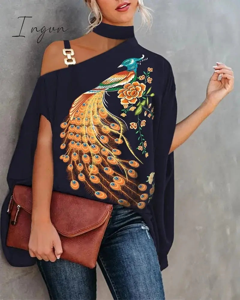 Ingvn - Women Metal Halter Hollow Out Print Top Patchwork Short Sleeve Loose Summer Blouse Femme Fashion Pullovers Casual Youth New