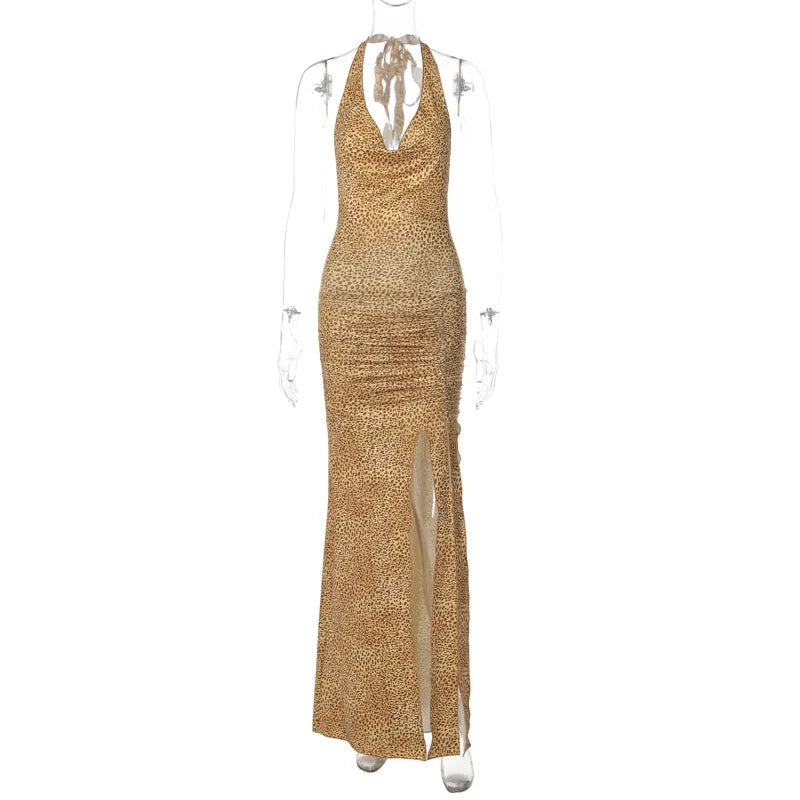 Ingvn  Women's Halter Neck Sleeveless Backless High Slit Beach Dress Female Leopard Printed Lace-up High Waist Slim Long Party Dresses